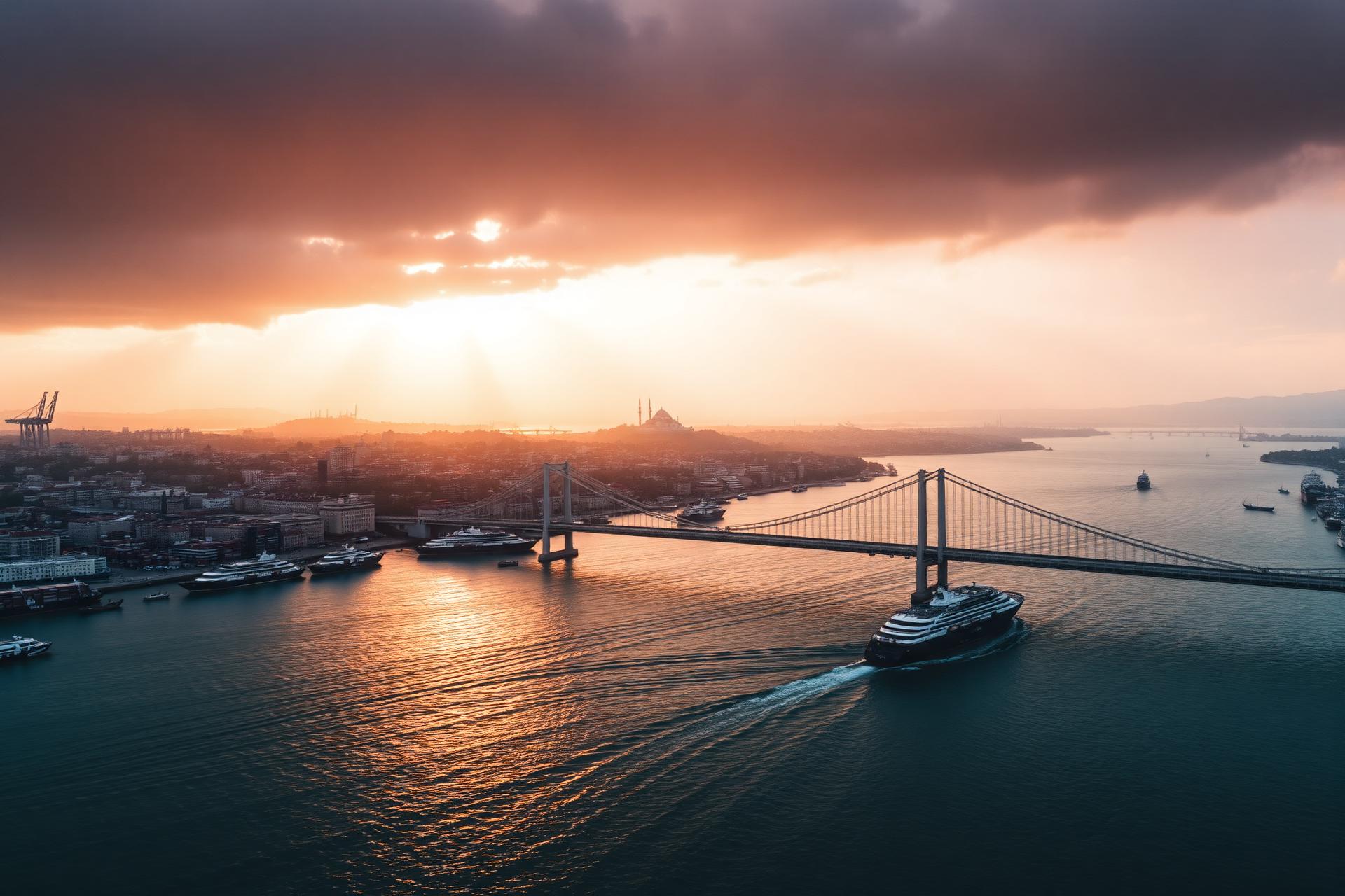 Bosphorus bridge at sunset with cargo ships passing through